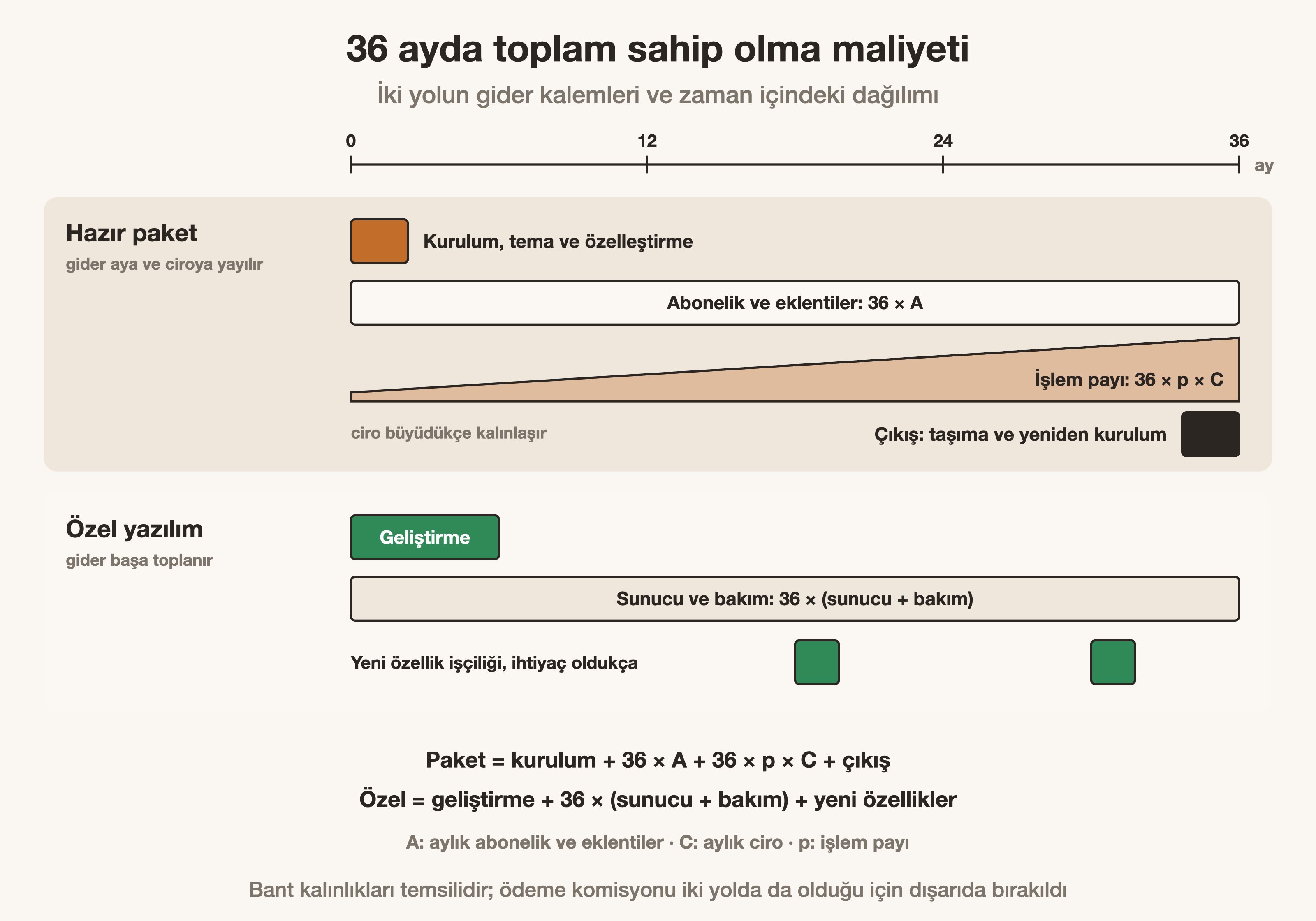 Hazır paket ve özel yazılımın 36 aylık toplam sahip olma maliyeti kalemleri