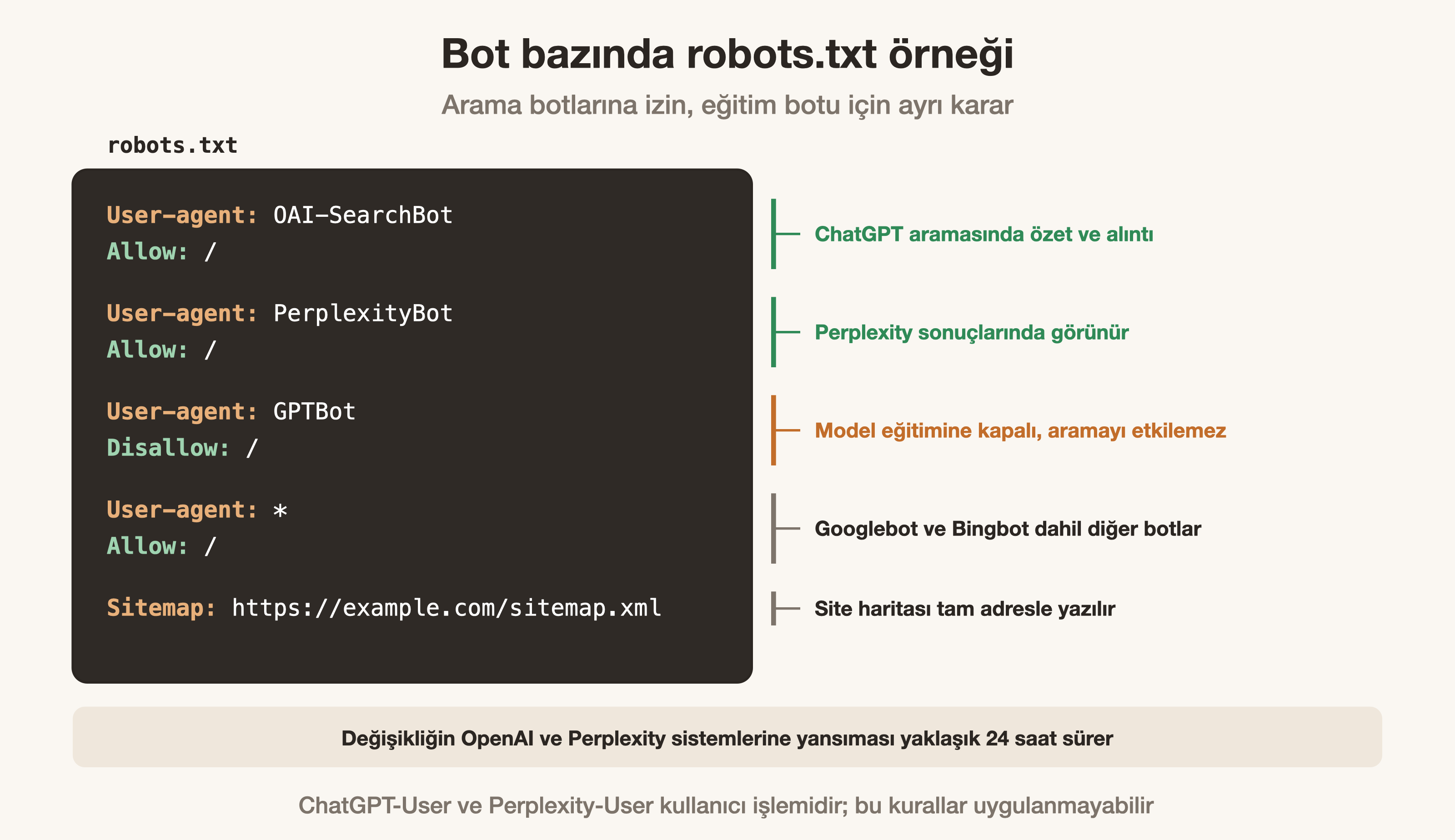 Arama botlarına izin veren, eğitim botunu ayrı yöneten örnek robots.txt dosyası ve açıklamaları