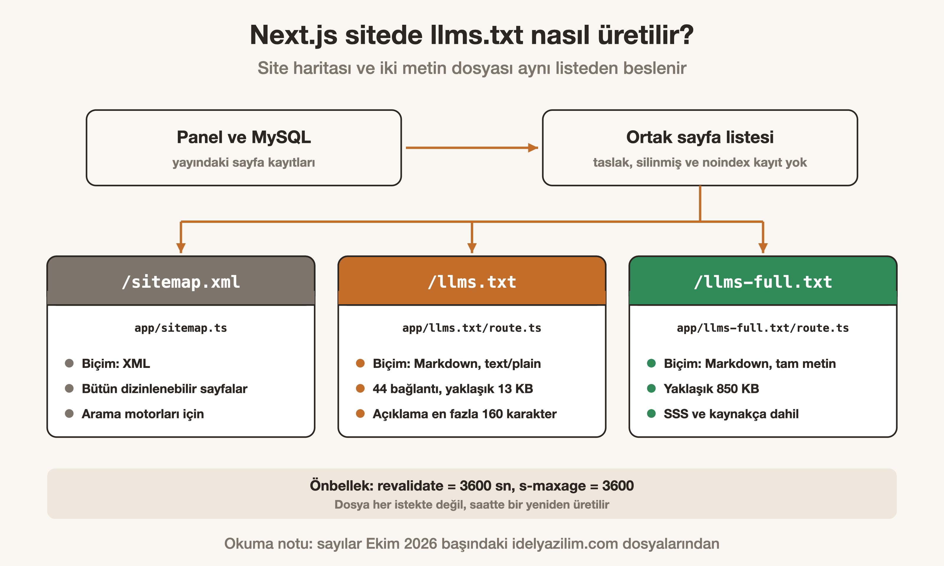 Next.js sitede llms.txt, llms-full.txt ve site haritasının aynı sayfa listesinden üretilmesi